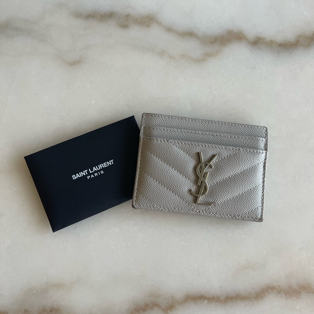 YSL Cassandre Card Case in Dove Gray